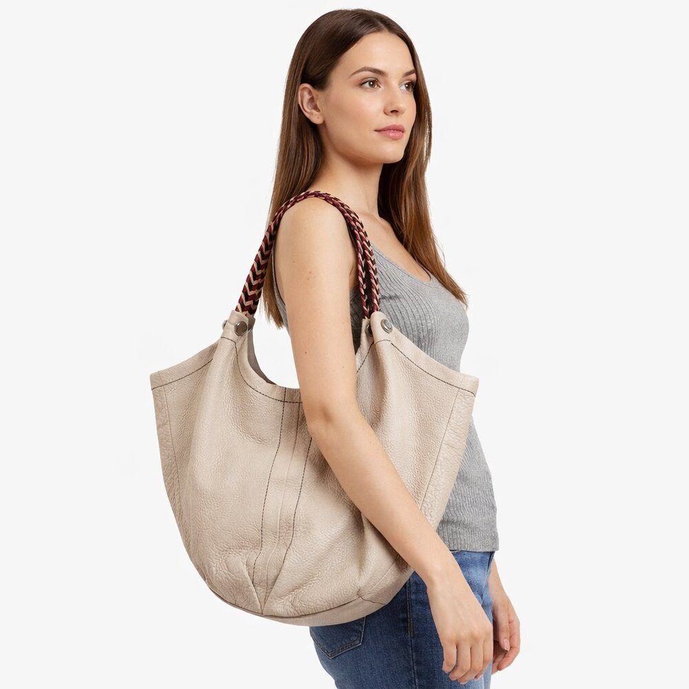 orYANY Pebbled Leather Hobo Bag Braided Strap Cream ST080